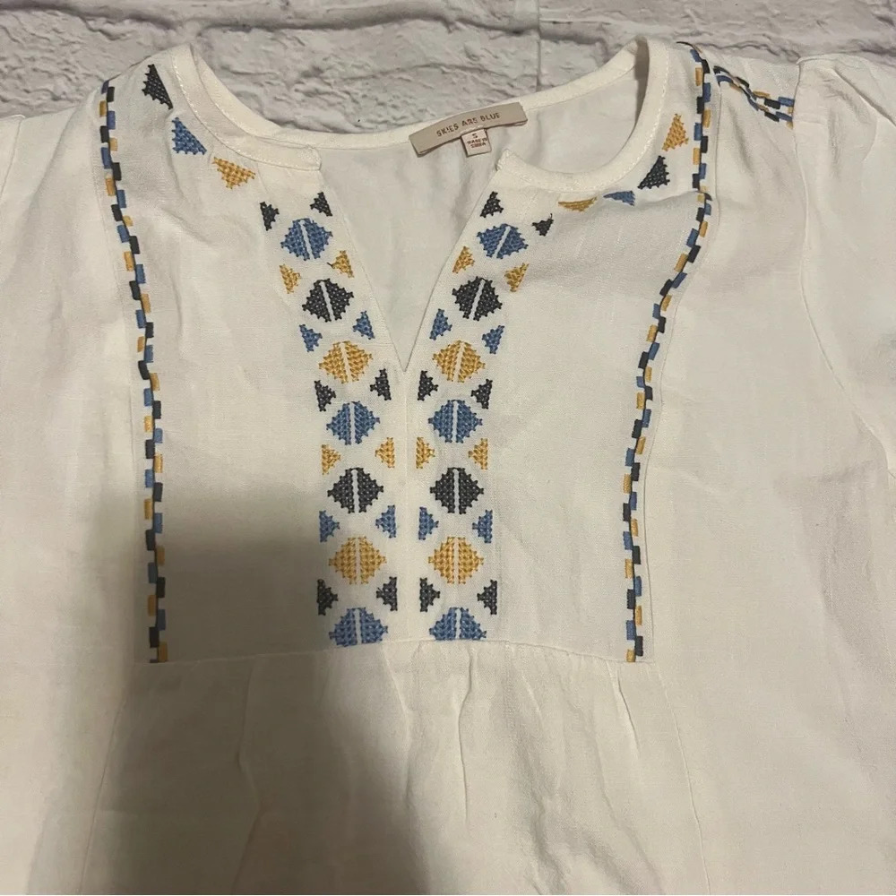 NWT Skies Are Blue Women’s SM Boho-chic Embroidered Peasant Geometric top - Picture 4 of 7